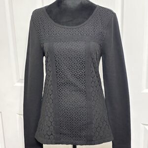 Lucky Brand Women's Black Lace Overlay Scoop Neck Long Sleeve T Shirt Tee Medium